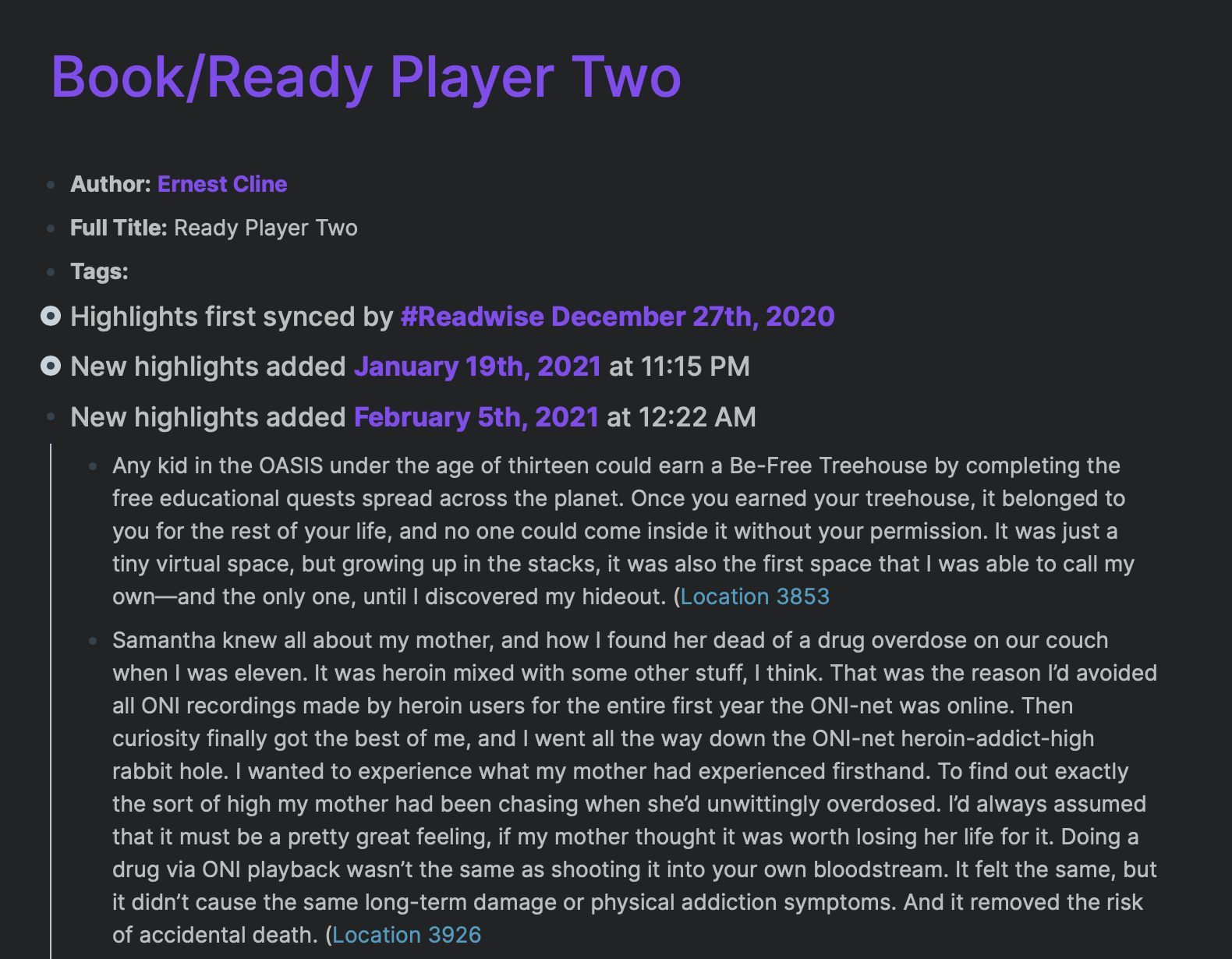 Ready Player Two book notes in Roam, imported via Readwise