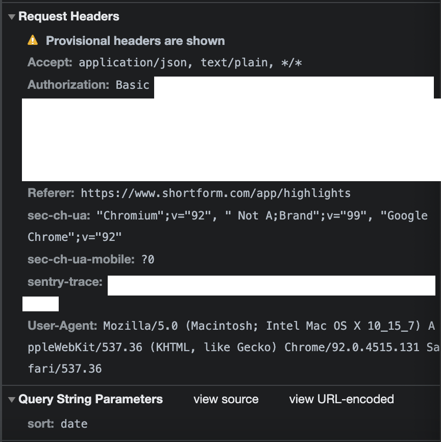 Authorization headers for Shortform, in DevTools