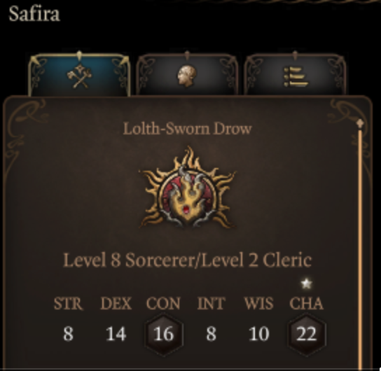 A screenshot of the stats of my Level 10 bard. Low INT, but look at that CHA!
