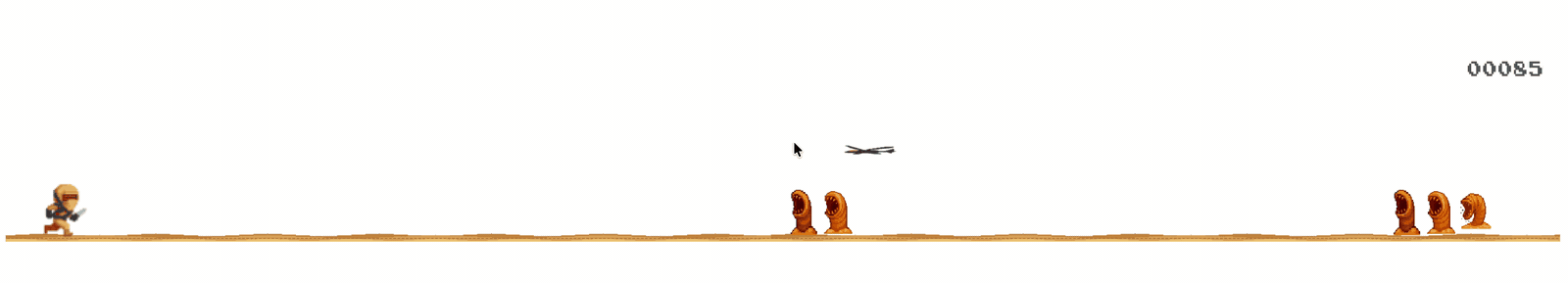 Spice Runner gameplay: a Fremen runner jumps sandworms as an ornithopter flies overhead