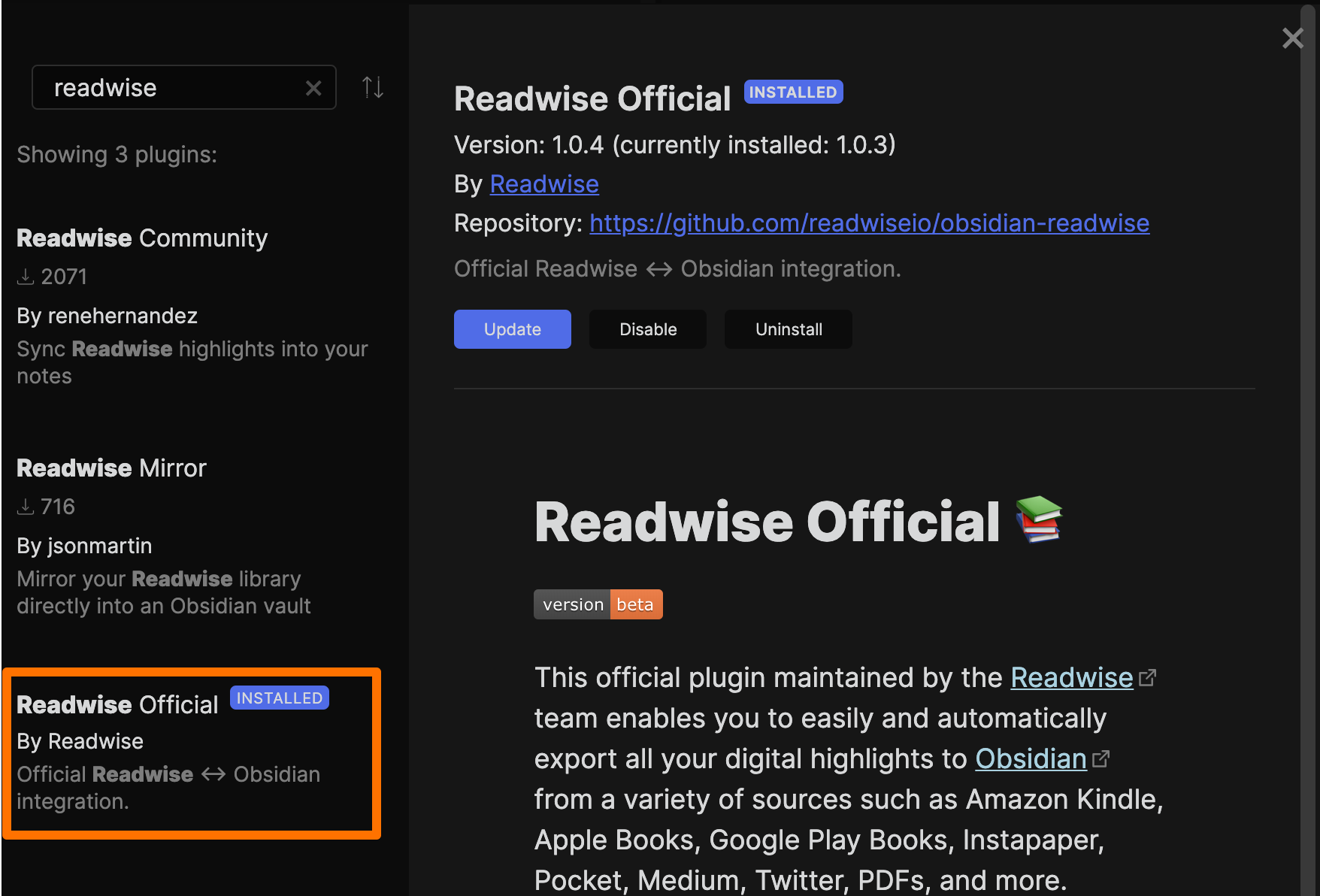Screenshot of the Readwise Official plugin within Obsidian