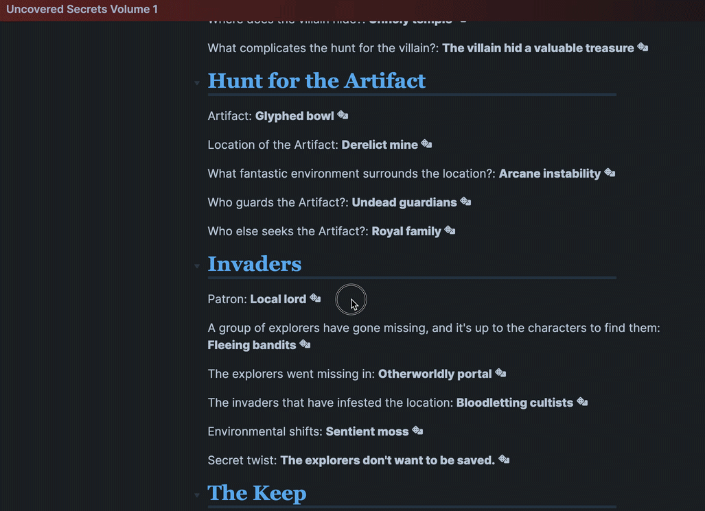 Gif of how my random tables created from Sly Flourish&rsquo;s Uncovered Secrets